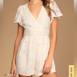 LuLus Lovely Times Cream Floral Burnout Backless Romper